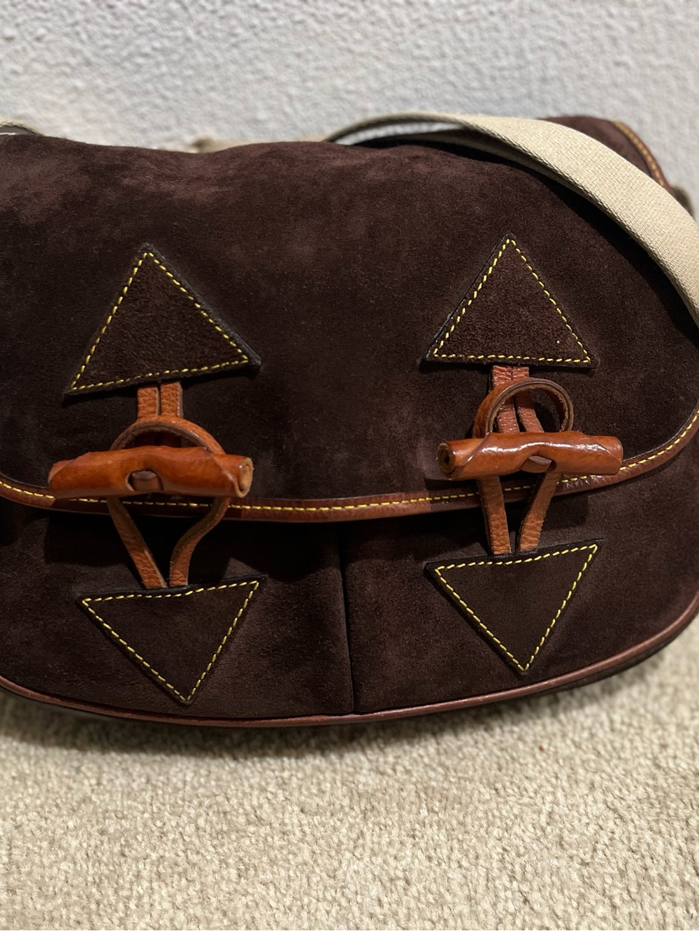 Vintage Dooney & Bourke Dark Brown Suede Crossbody with Tan Leather Accents - Picture 15 of 16